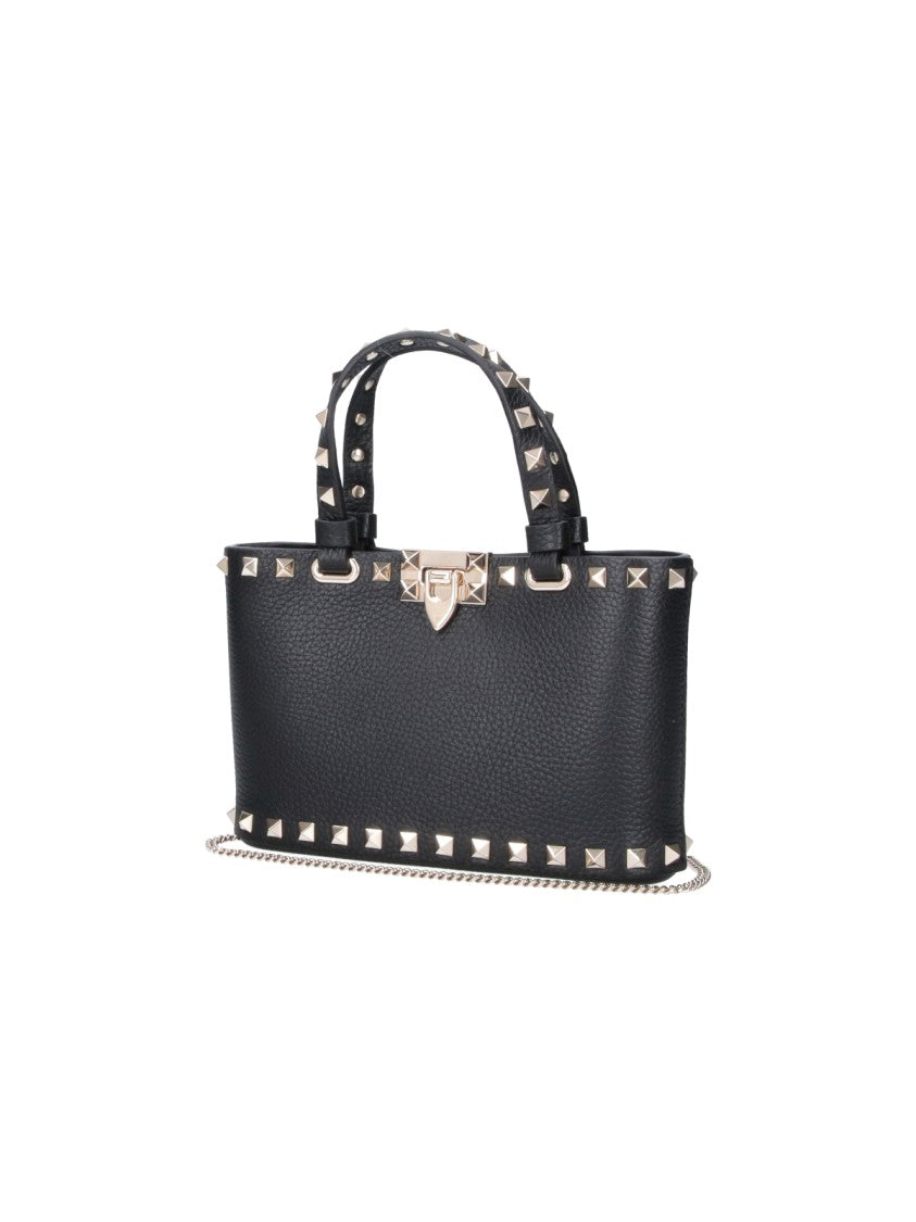 Valentino Garavani Black Rockstud Mini Studded Calfskin Leather Tote Bag