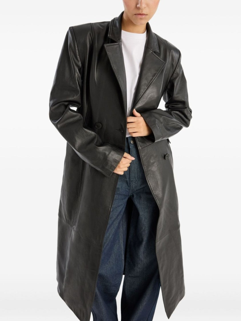 Rotate Double-Breasted Long Black Leather Jacket
