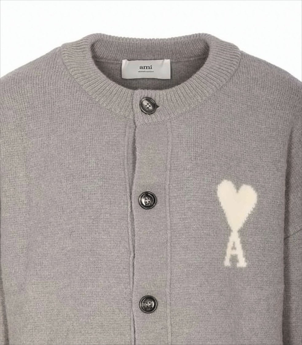 Ami Alpaca Blend Cardigan With Intarsia Heart Design