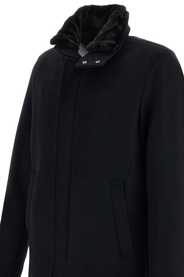 Herno Black Ecowool Virgin Wool Detachable Faux Fur Coat