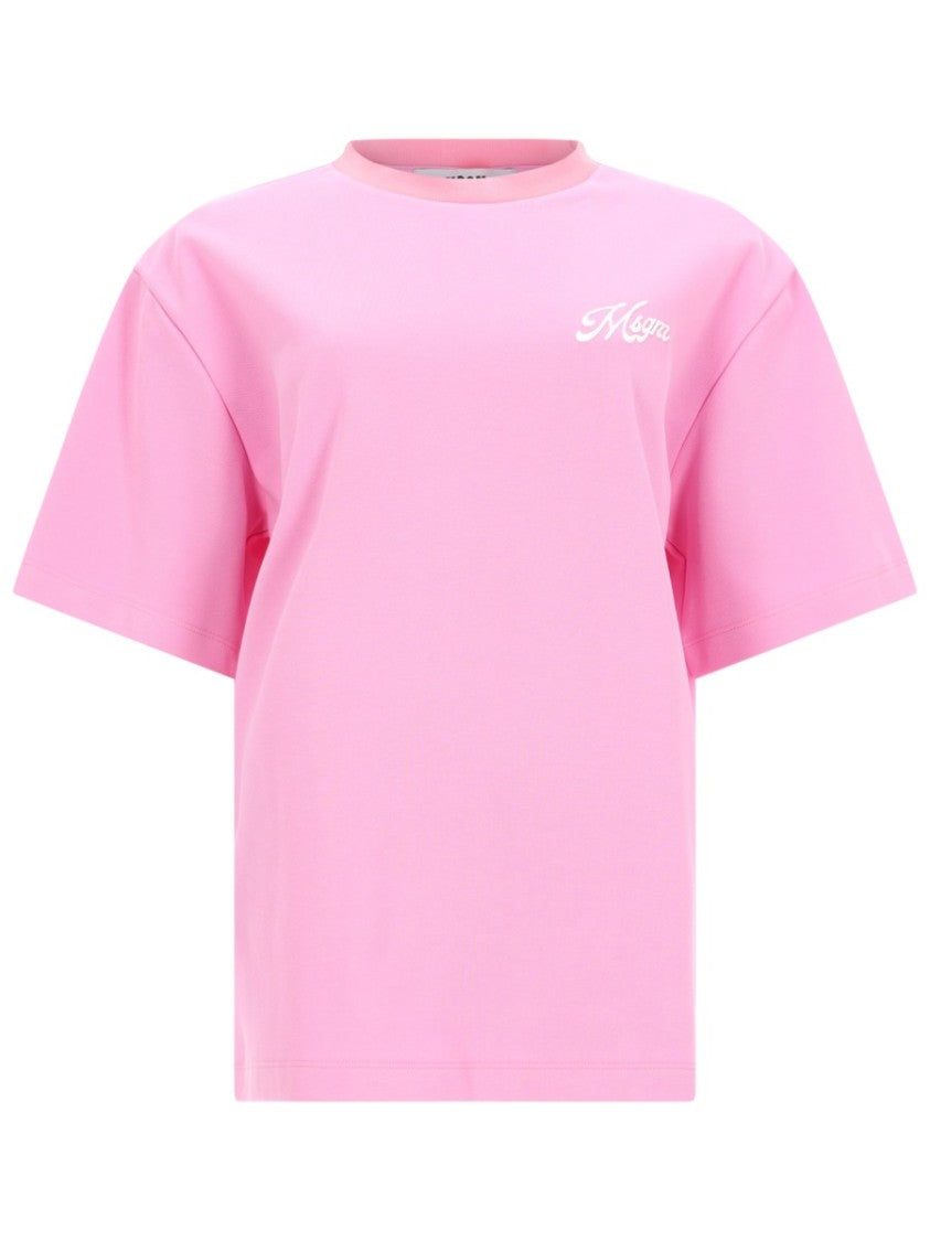 Msgm Pink Logo Boxy Cotton T-Shirt