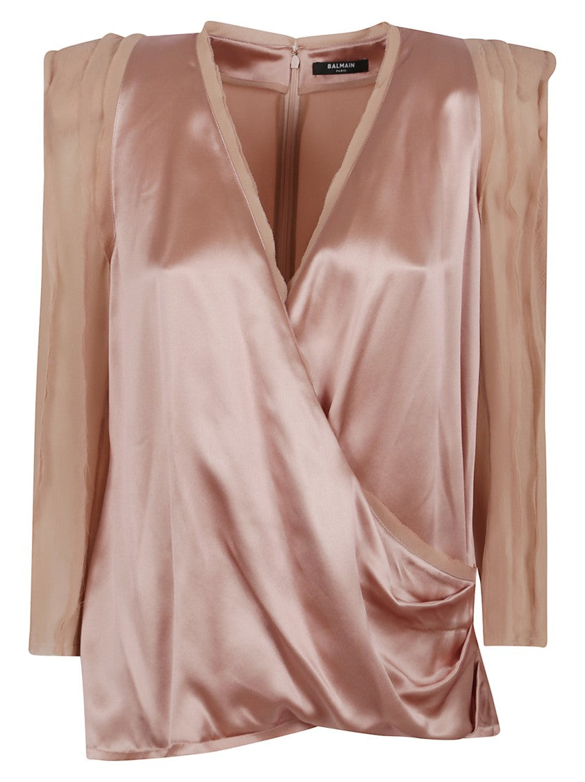 Balmain Draped Silk Top With Sheer Puffed Sleeves