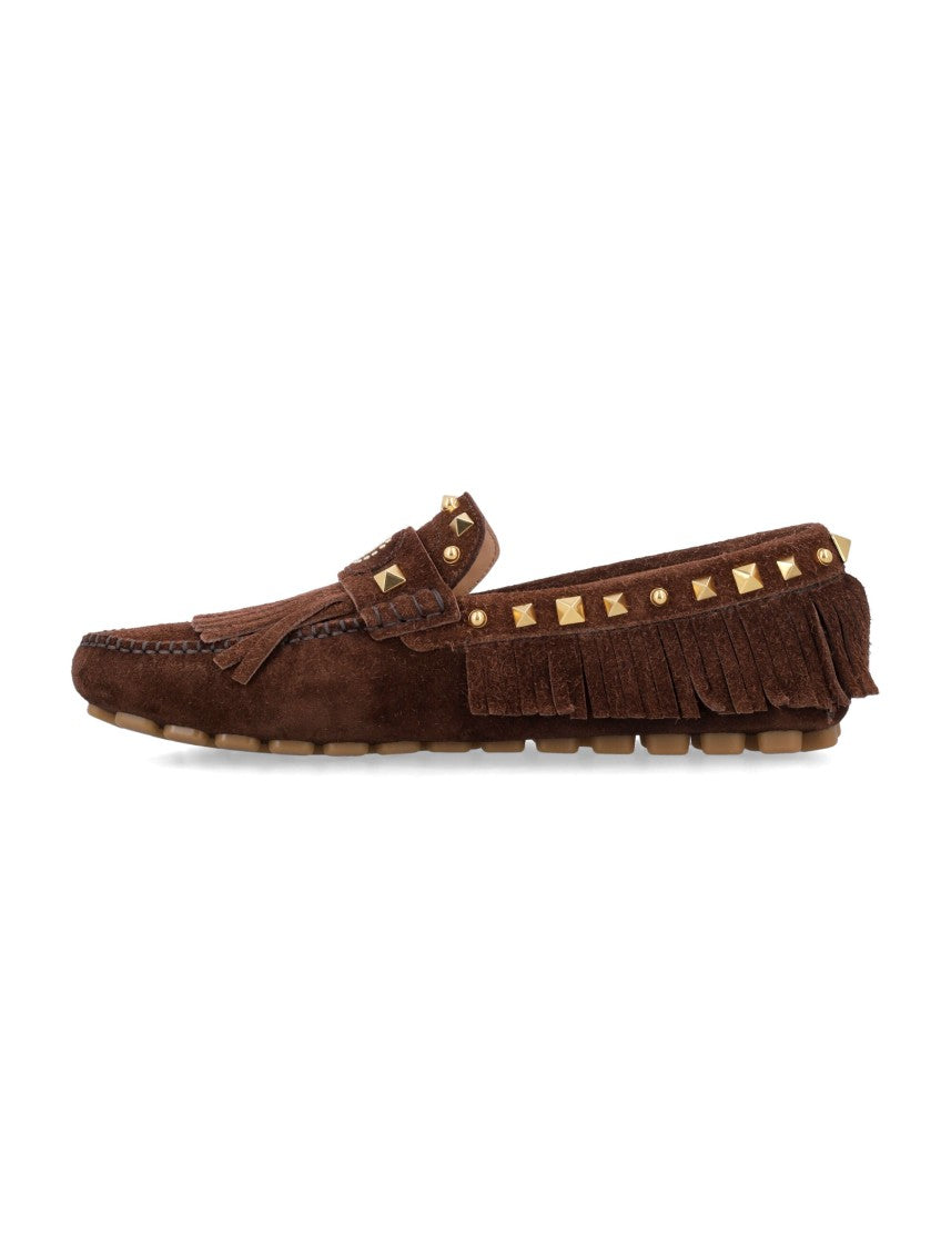 Valentino Garavani Fastway Driver Rich Brown Suede Driving Loafers