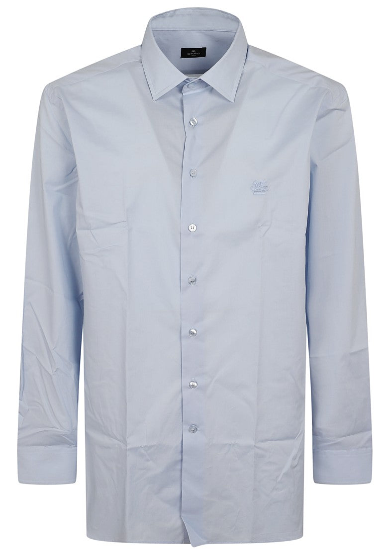 Etro Pegasus-Embroidered Blue Cotton Poplin Shirt