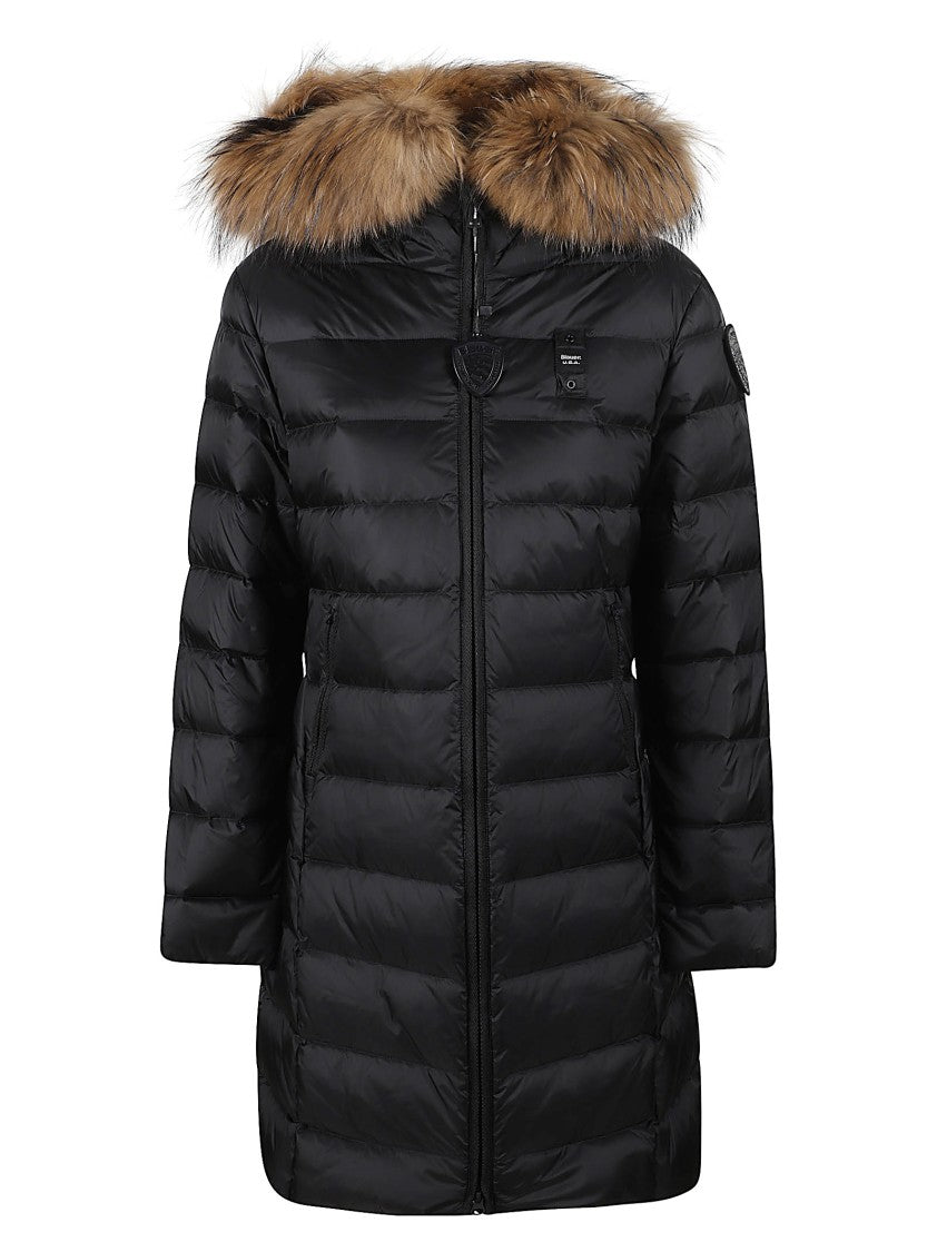 Blauer Long Quilted Down Jacket With Removable Raccoon Fur Trim