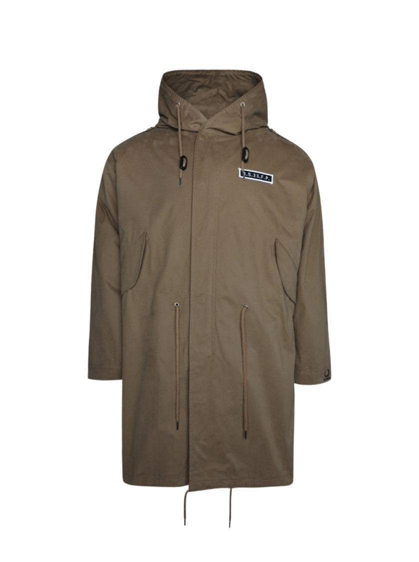 Fred Perry X Raf Simons Embroidered Patchwork Brown Parka With Drawstring Details