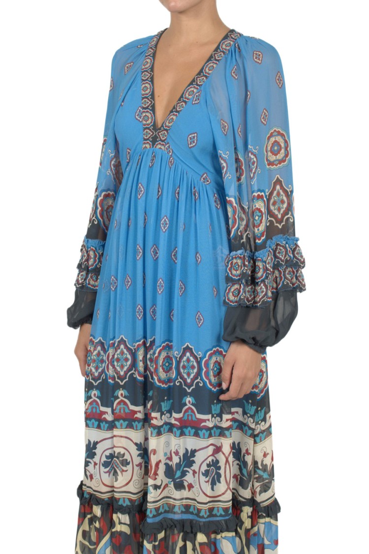 Farm Rio Blue Balloon-Sleeve Printed Viscose Maxi Dress