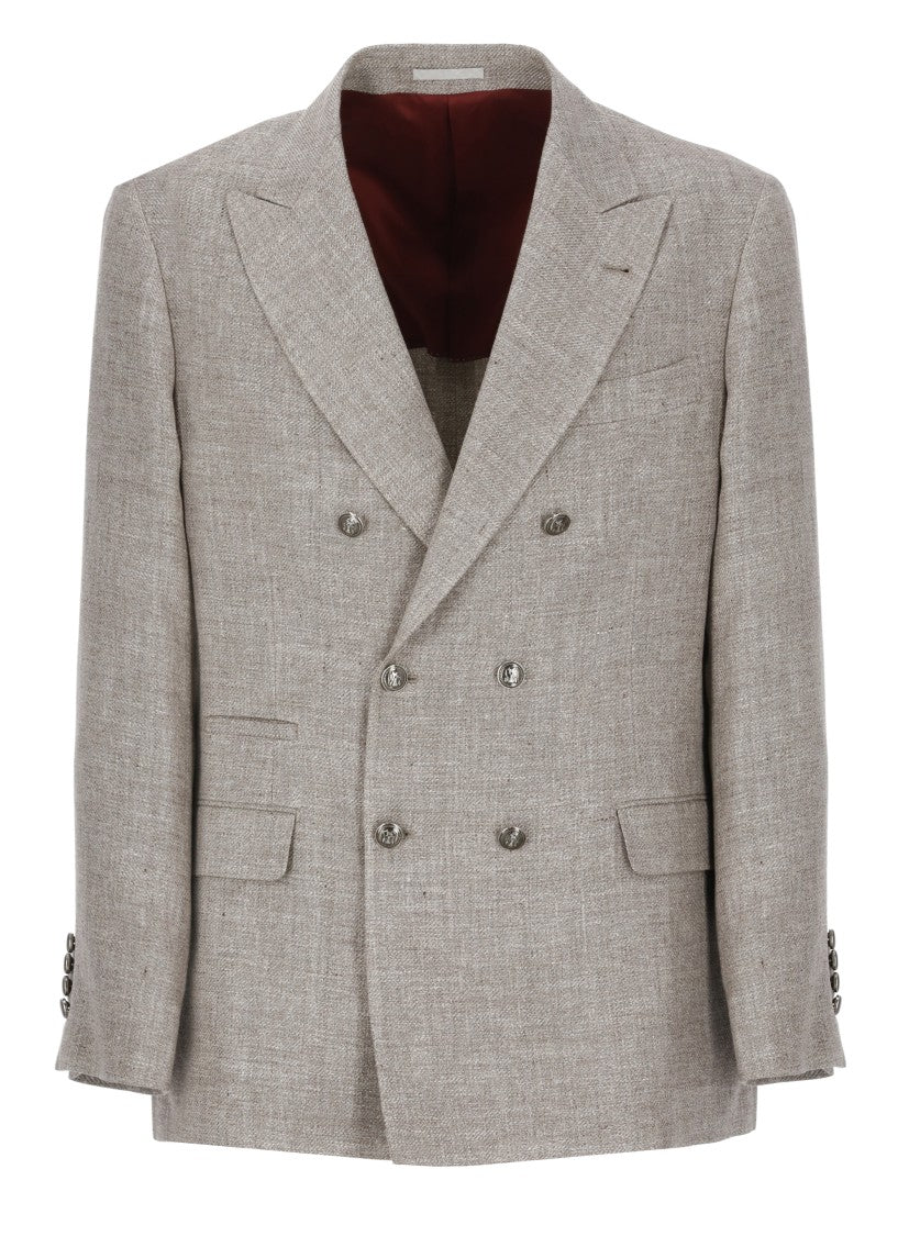 Brunello Cucinelli Beige Linen And Wool Double-Breasted Jacket