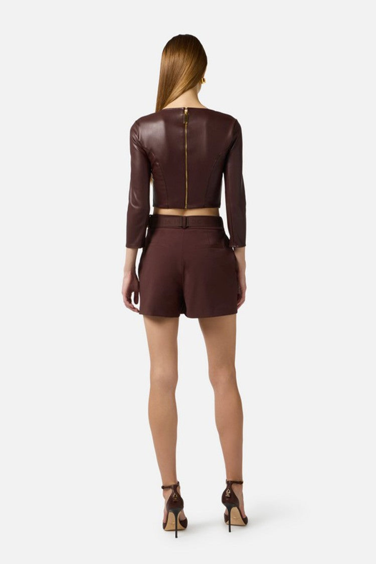 Elisabetta Franchi Brown Gold-Buckle Logo Belt Polyamide-Blend Shorts