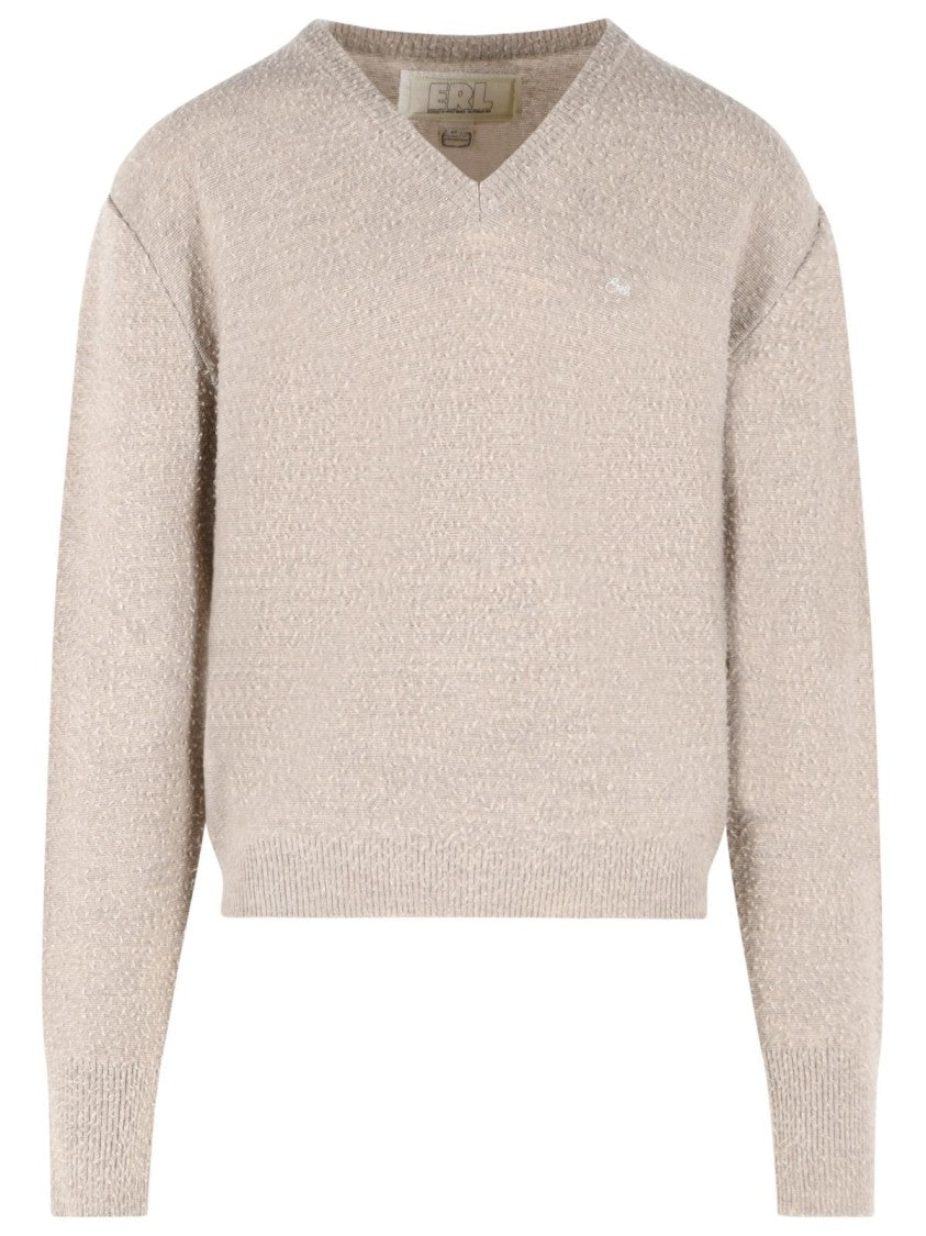 Erl Beige V-Neck Embroidered Wool Sweater