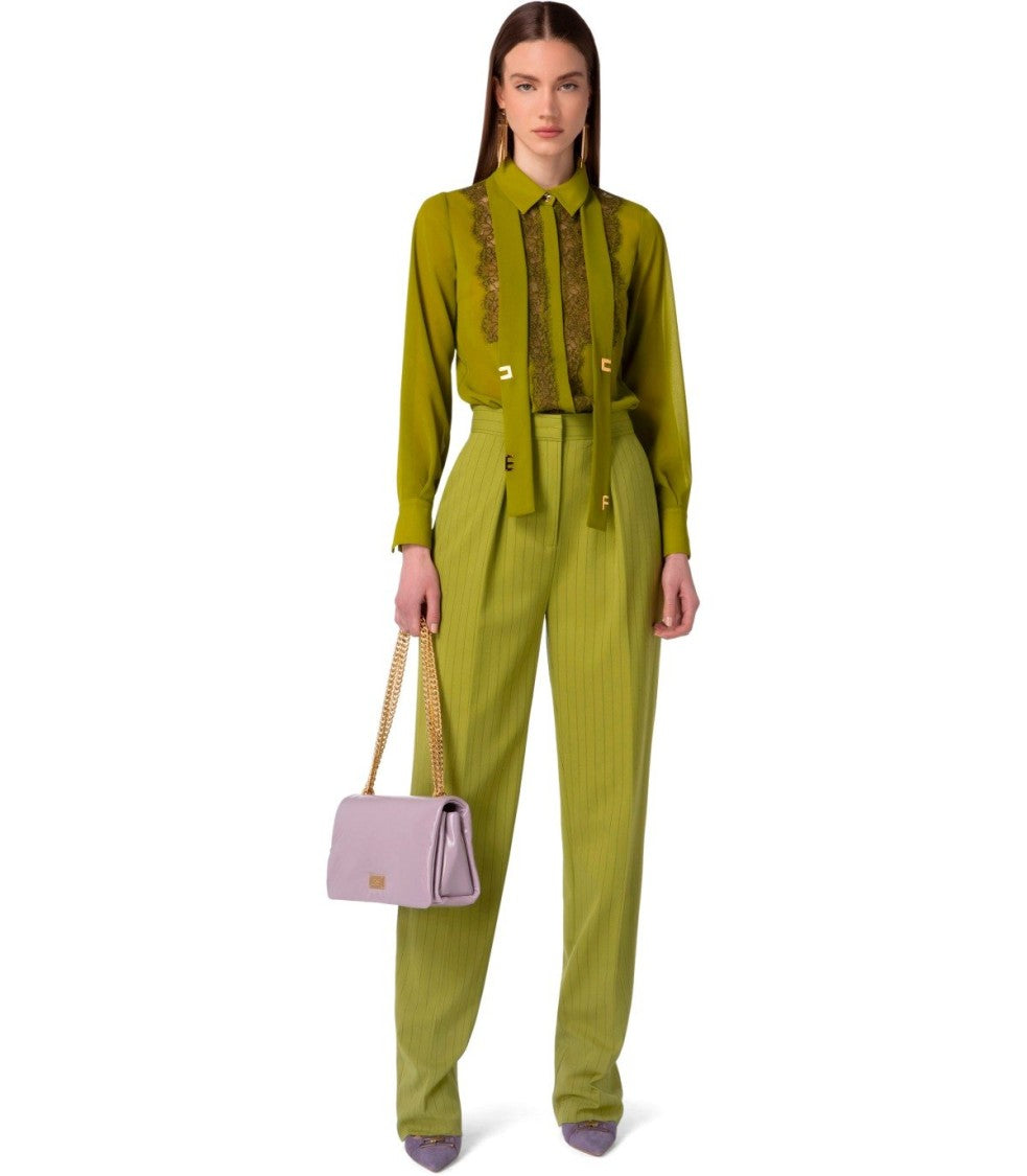 Elisabetta Franchi Olive Green Cool Wool Trousers With Pinstripe Detailing