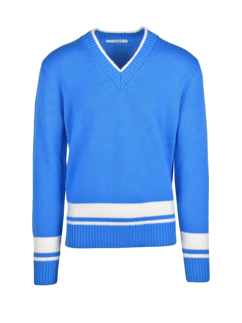 Kangra Light Blue V-Neck Sweater With White Stripe Accents