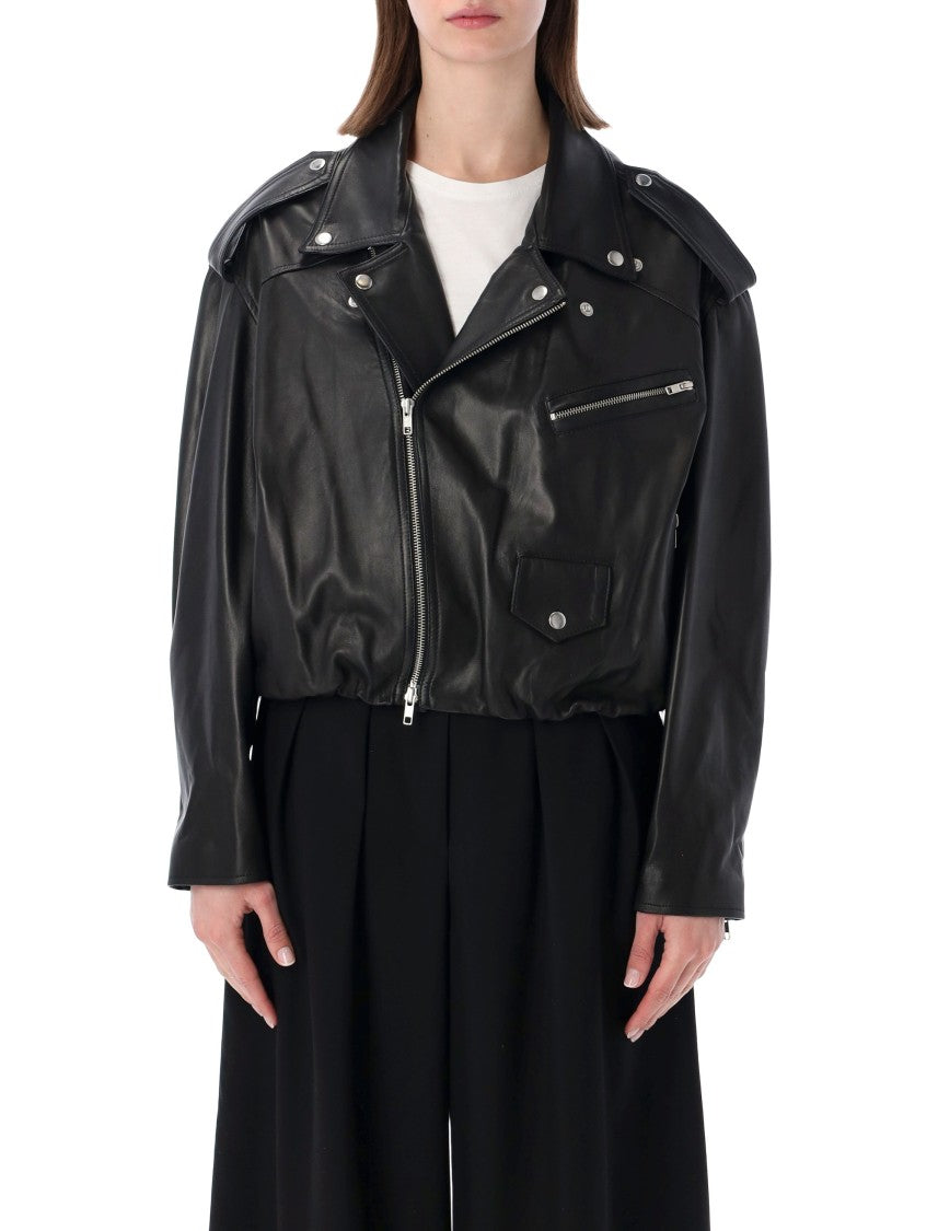 Sword Elastic Hem Leather Bomber Jacket