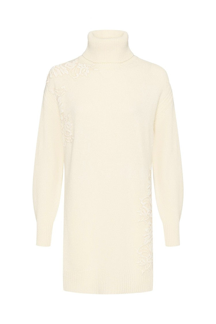 Ermanno Embroidered Turtleneck Wool Dress With Relaxed Fit And Detailing