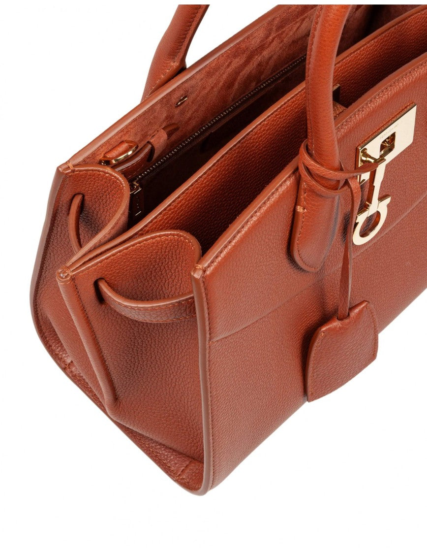 Salvatore Ferragamo Studio Hammered Leather Handbag Cognac Color