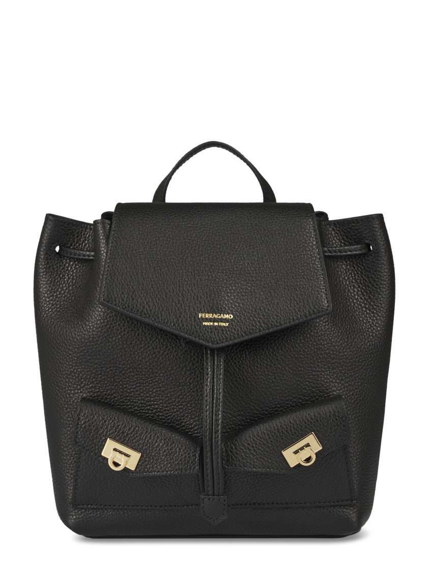 Ferragamo Structured Black Calfskin Backpack With Flap Closure