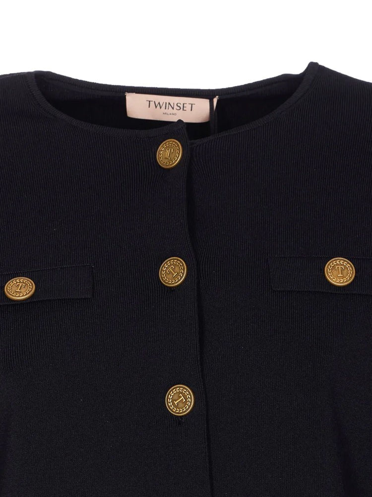 Twin-Set Cropped Jacket With Scalloped Hem And Gold-Tone Accents