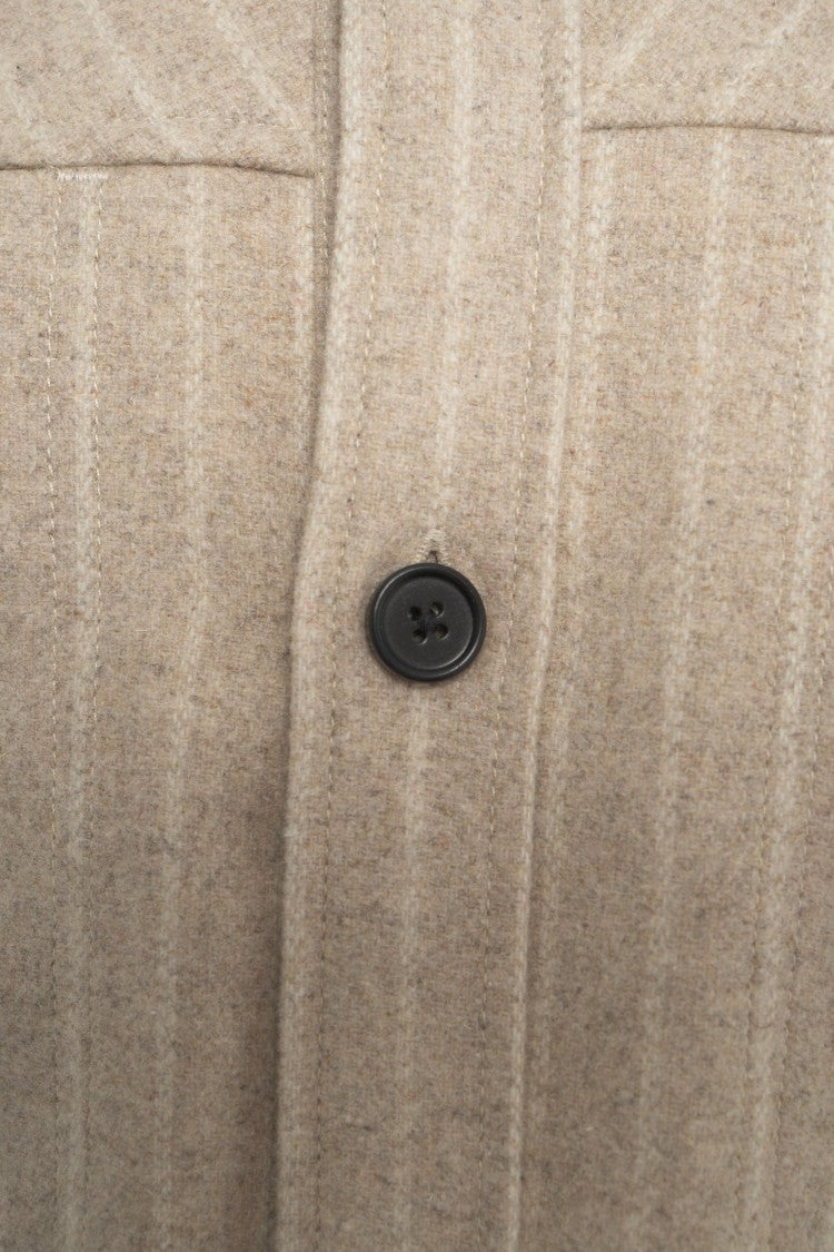 Rue De Tokyo Beige Striped Oversized Shirt Jacket With Functional Pockets