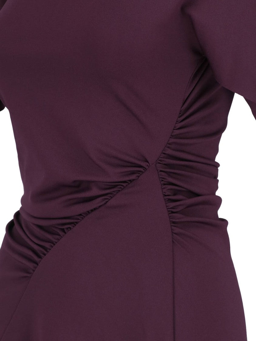 Victoria Beckham Burgundy Midi Dress With Ruched Asymmetrical Detailing