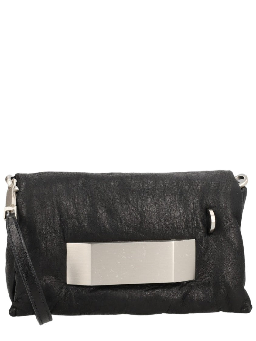 Rick Owens Pillow-Shape Black Lamb Leather Bag With Metallic Bar Detail