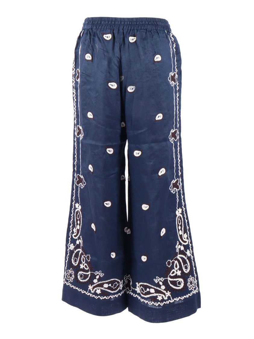 P.A.R.O.S.H. Wide Leg Embroidered Linen Straight-Leg Pants