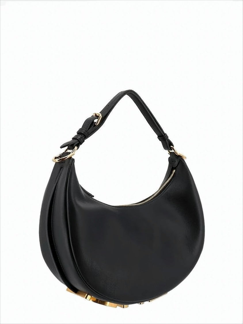 Fendi Crescent-Shaped Black Leather Shoulder Bag With Gold Accents
