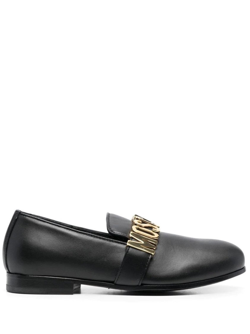 Moschino Sophisticated Closed-Toe Leather Loafers With Signature Gold Hardware