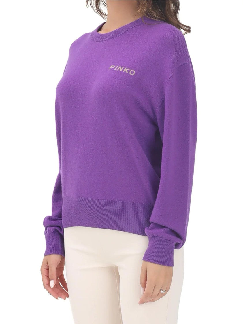 Pinko Short Crewneck Sweater In Vibrant Purple Wool-Cashmere Blend