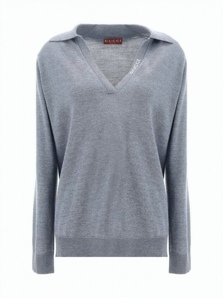 Gucci Relaxed Fit V-Neck Wool Sweater With Collar Detail