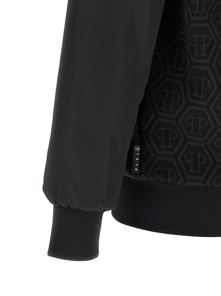 Philipp Plein Monogram Jacquard Cotton Sweatshirt With Technical Fabric And Hexagon Patch