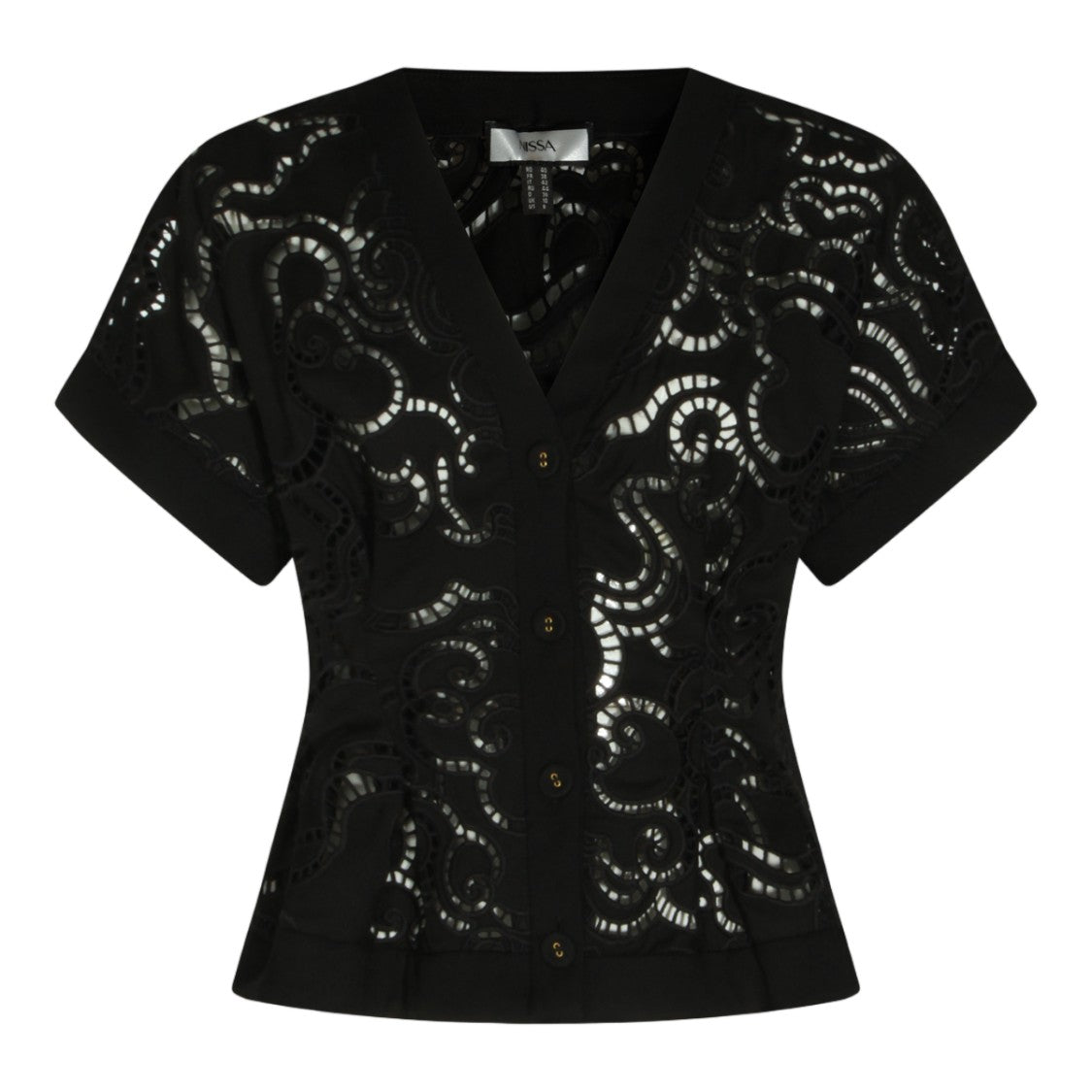 Nissa Fitted Black Tops With Lace Cutouts And V-Neckline