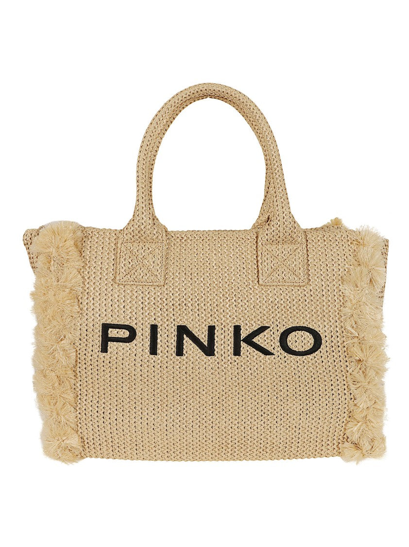 Pinko Fringed Raffia Beach Shopper With Contrasting Embroidered Logo