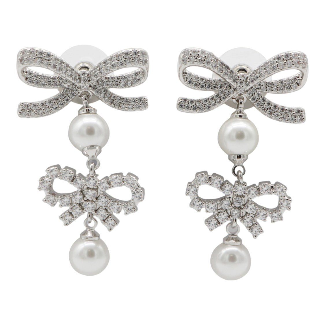 Self-Portrait Crystal Pearl Drop Bow Silver Earrings