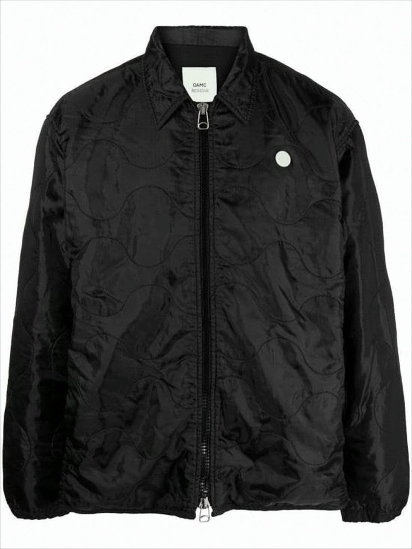 Oamc Wave-Stitched Black Quilted Jacket With Classic Collar
