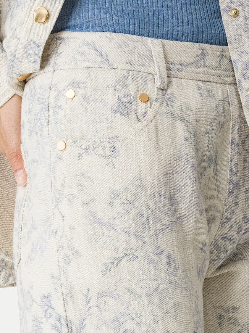 Forte Forte High-Waisted Denim Trousers With Floral Print