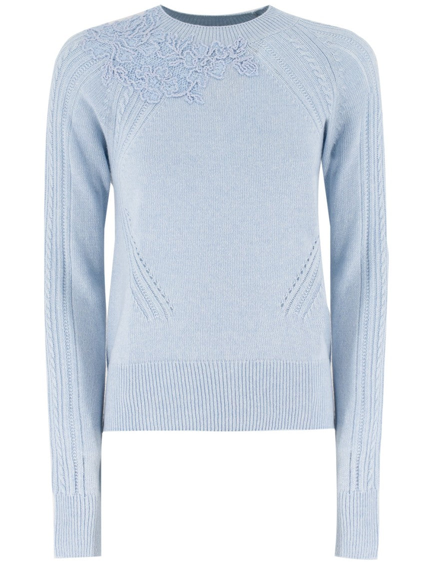 Ermanno Scervino Floral Appliqué Wool Jumper In Blue Fog