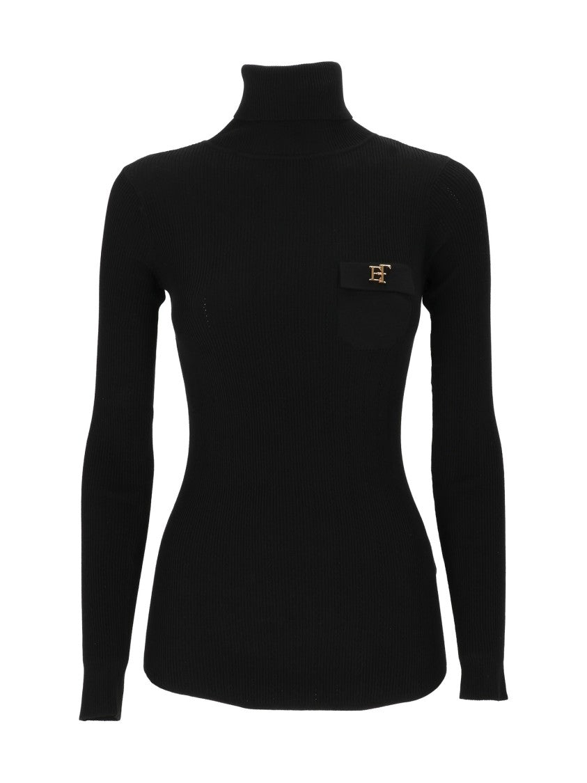 Elisabetta Franchi Fitted Ribbed Knit Top With High Turtleneck
