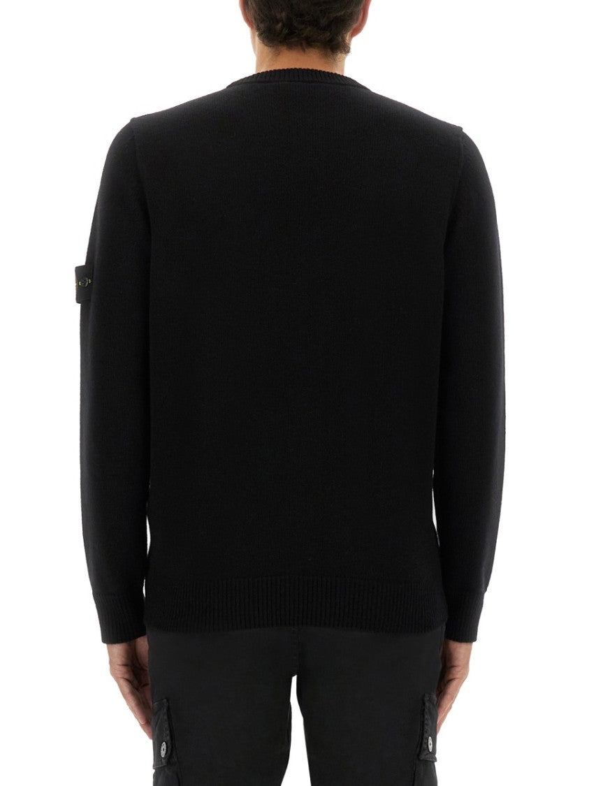 Stone Island Fitted Black Wool Jersey With Crew Neck