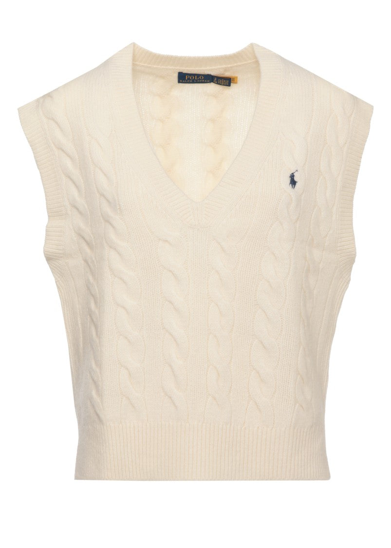 Polo Ralph Lauren Ivory V-Neck Sleeveless Cable-Knit Wool Sweater