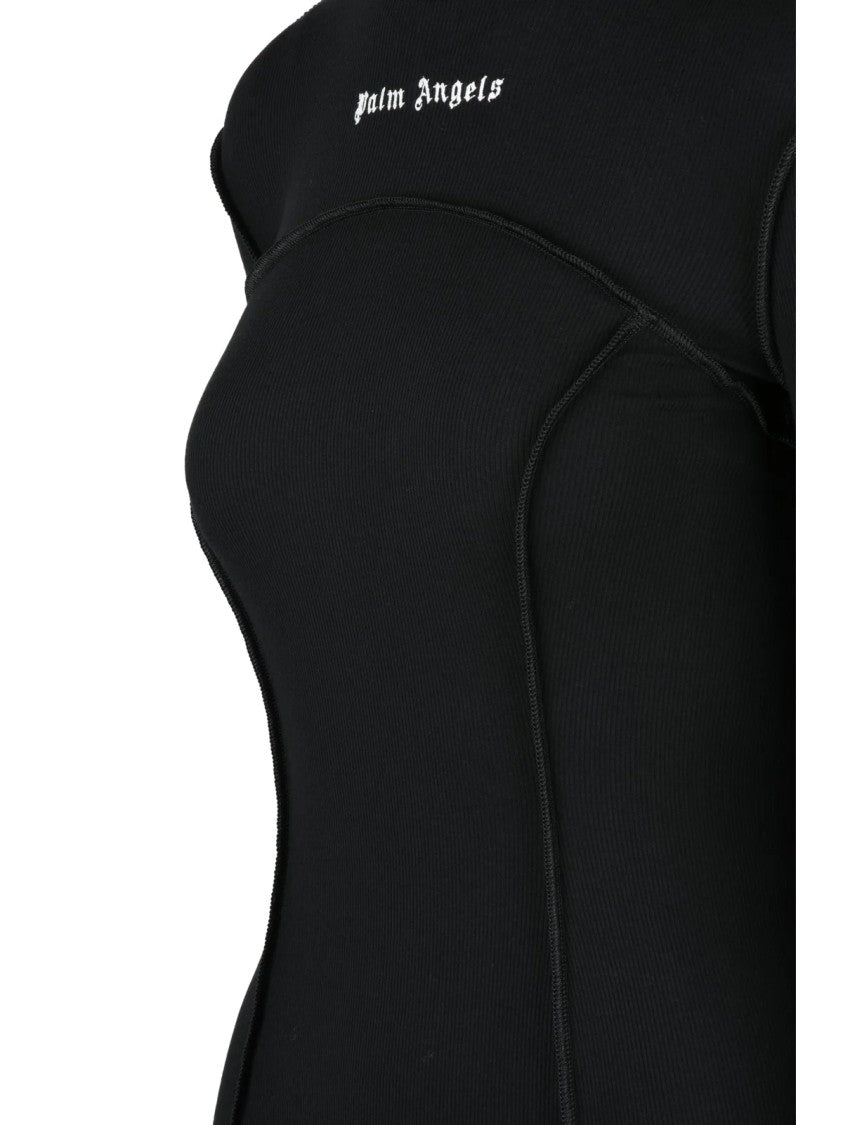 Palm Angels Form-Fitting Black Mini Dress With Long Sleeves And Seam Detailing
