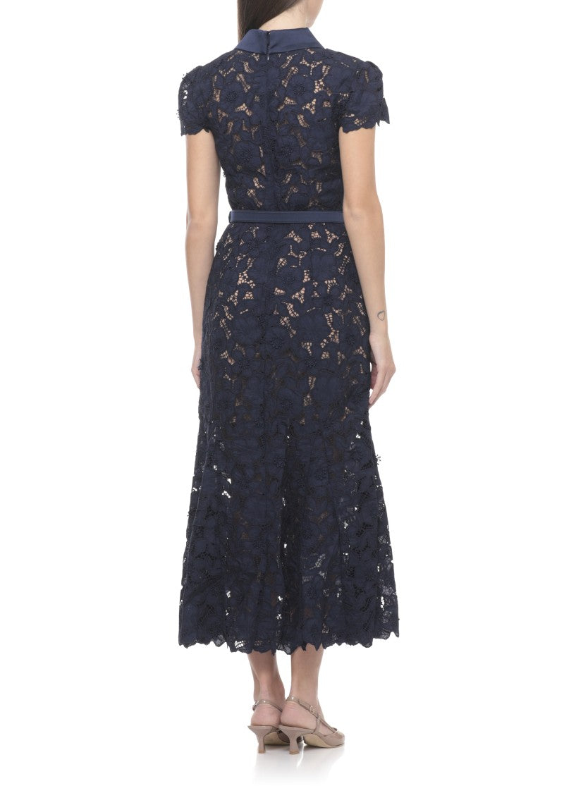 Self-Portrait Intricate Guipure Lace Midi Dress With Classic Collar