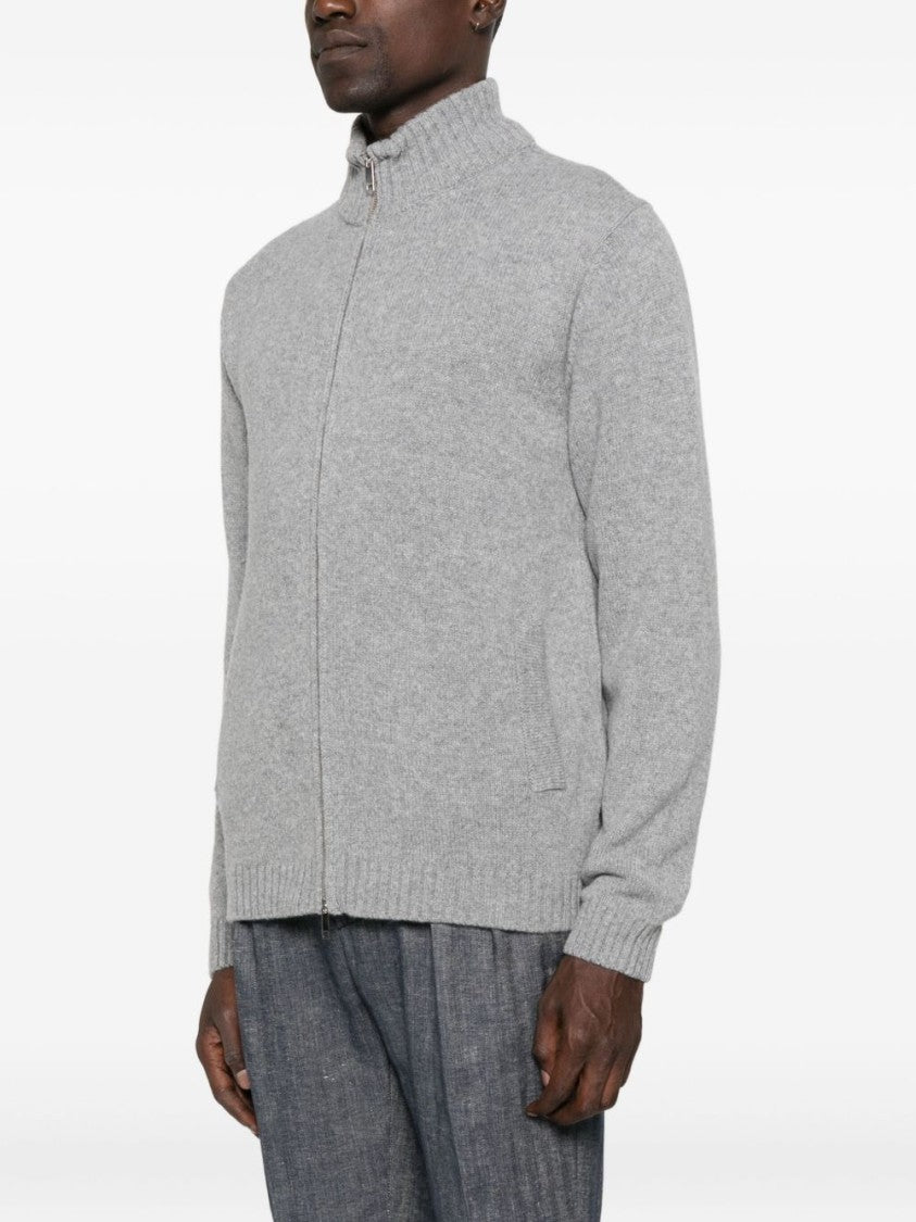 Daniele Fiesoli Full-Zip Grey Wool Sweater With Ribbed Details