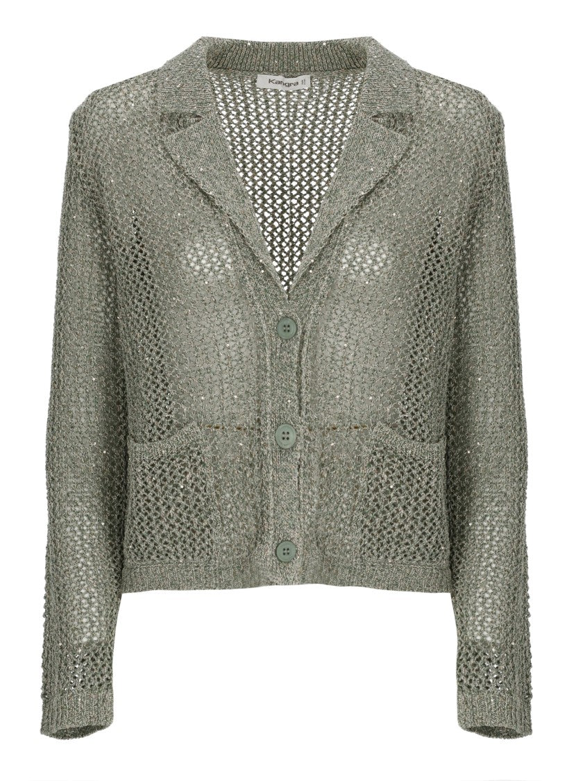 Kangra Green Cotton Sequined Single Breasted Blazer