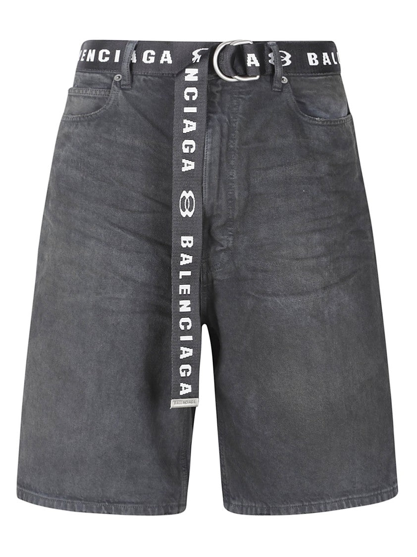 Balenciaga Washed Black Denim Shorts With Distinctive Branding And Relaxed Fit