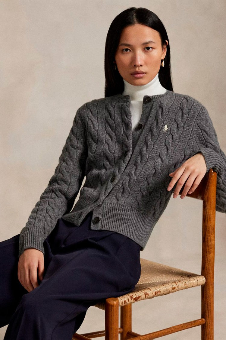 Polo Ralph Lauren Grey Wool-Cashmere Blend Cable-Knit Cardigan