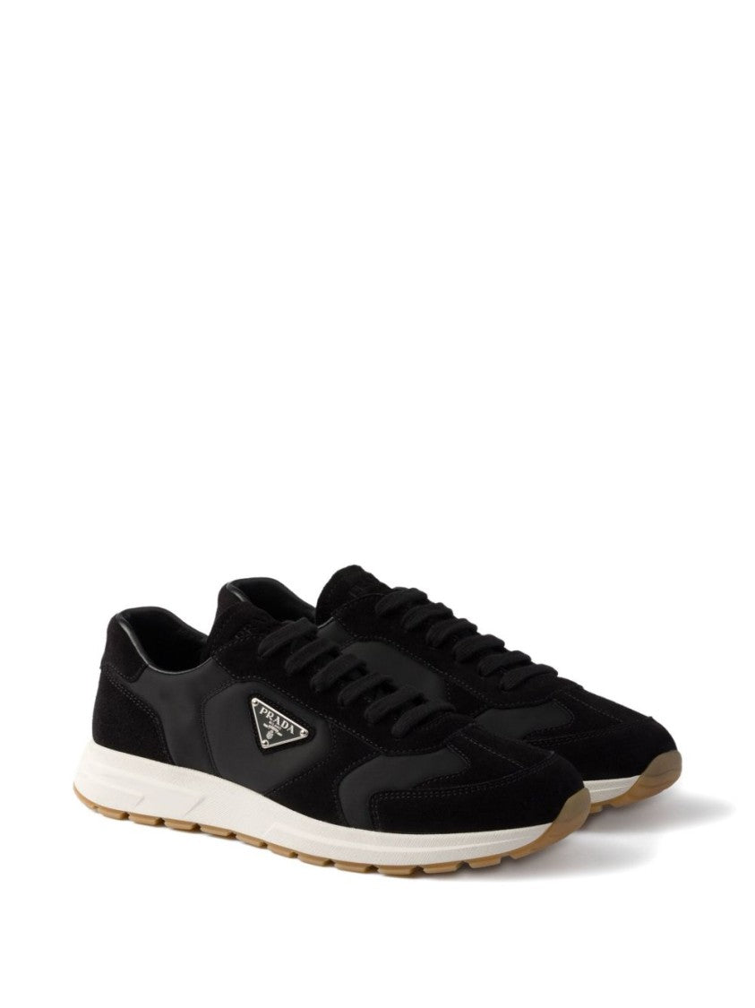 Prada Black Textured Triangular Logo Sneakers