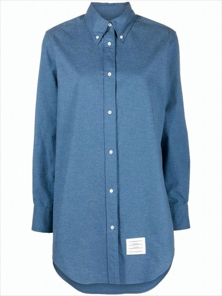 Thom Browne Button-Up Shirt In Textured Blue Cotton