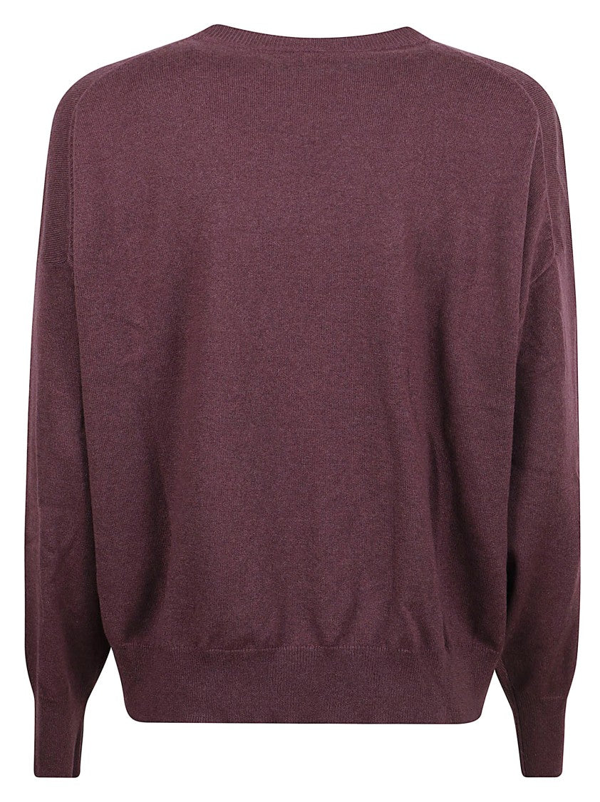 Brunello Cucinelli Burgundy Round Neck Cashmere Sweater With Faux-Pocket Detail