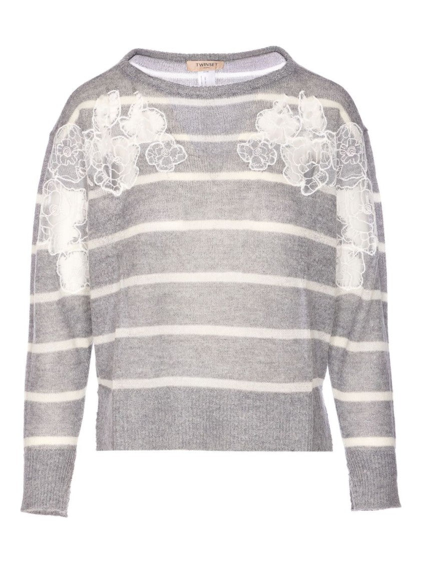 Twin-Set Grey Striped Sweater With Lace Floral Embellishment And Embroidered Detail