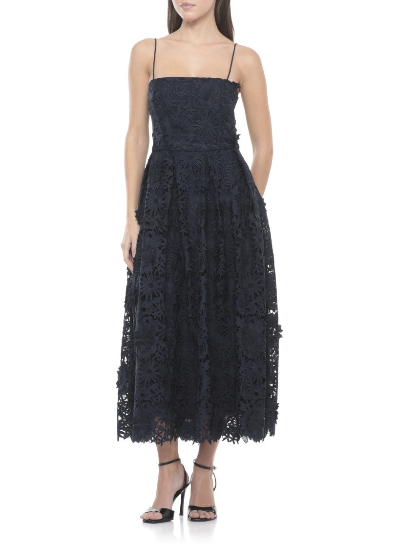 Rotate 3D Floral Lace Flared Midi Dress